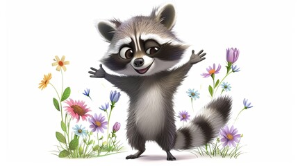 Obraz premium cute raccoon with flower on a white background