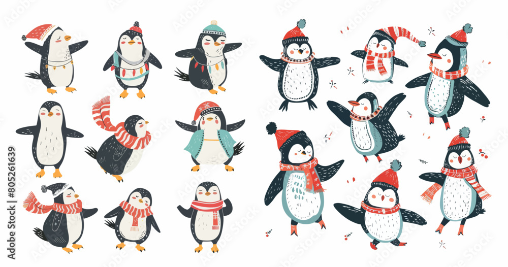 Sticker  Christmas holiday penguins, Xmas holiday winter penguin characters isolated modern illustration set.