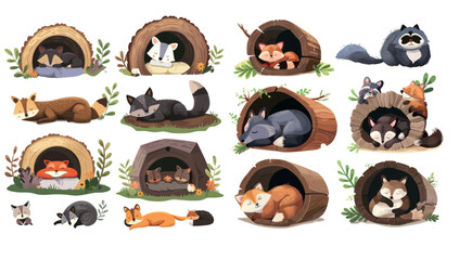 Forest animals sleeping in burrows, hollows and nests. Cute , fox and beaver modern illustration set