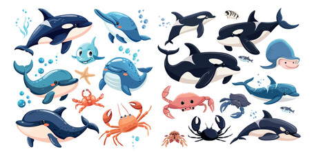 Animals of the ocean. Cartoon marine wildlife creatures, , stingray, crab, and dolphin