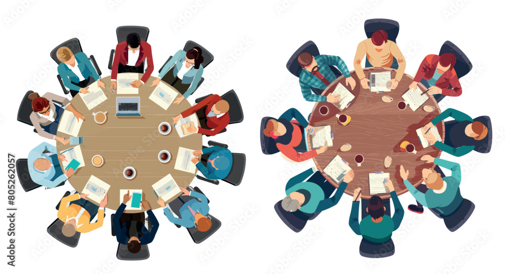 Poster detailed view of a business meeting. office workers brainstorm at a round table isolated modern illu