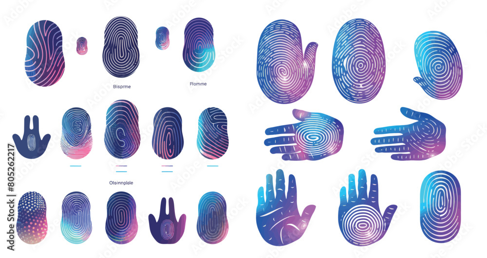 Poster Digitized fingerprint and thumbprint scanning. Digital fingerprint scanning modern illustration set.
