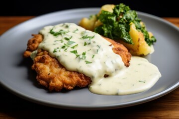 Flavorful Schnitzel bechamel sauce. Chop with the sauce in the plate on the table. Generate AI