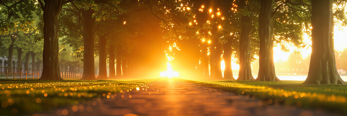 Mysterious autumn forest road under foggy conditions, soft sunlight filtering through colorful foliage