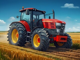 An ultra-HD digital illustration of a powerful tractor, meticulously rendered with intricate details and realistic textures, set against a dynamic background showcasing the vast expanse of agriculture