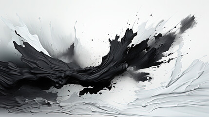 Contemporary Art of White and Black Abstract Oil Paint Brush Stroke on White Canvas