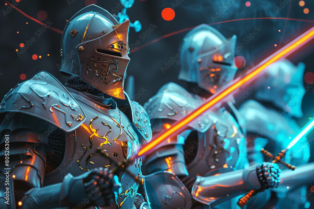 Aufkleber protective knights with glowing swords of technology guarding against unauthorized information acces