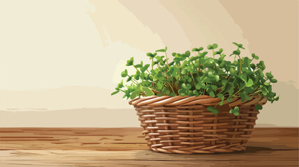 Wicker basket with fresh micro green on color wooden