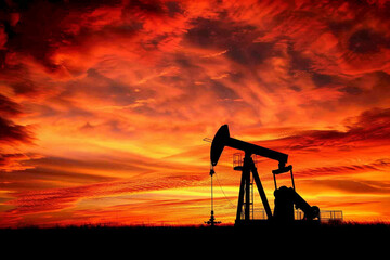 Pumpjack silhouetted against a fiery sunset, the enduring icon of oil extraction and energy production 