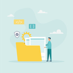 Subscription package, cloud processing, cloud storage, software as a service. Web SaaS concept. The guy is holding a folder with documents. Vector illustration.
