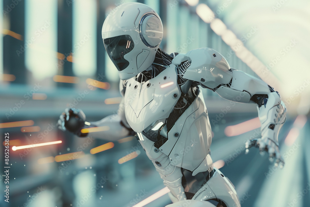 Poster race to the future ai robot surpasses human 3d visualization of technological progress with copy spa