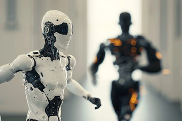 Race to the future AI robot surpasses human 3D visualization of technological progress with copy space 