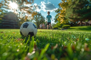 Close-up of a soccer ball on a lush grass field with children playing soccer in the background