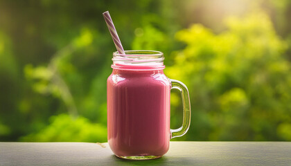 Glass mason jar with pink detox drink. Fruit cocktail. Healthy vegan detox beverage.