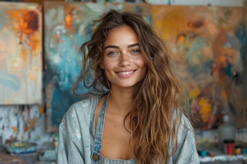 Naklejka premium A happy young woman with tousled hair smiling in a colorful art studio setting