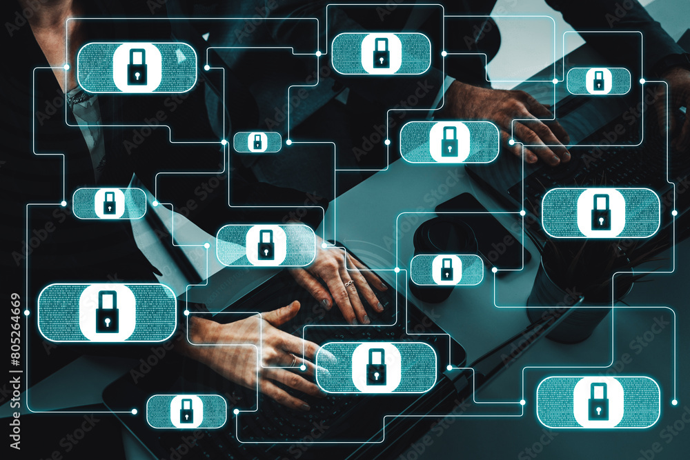 Poster cyber security and digital data protection concept. icon interface showing secure firewall technolog