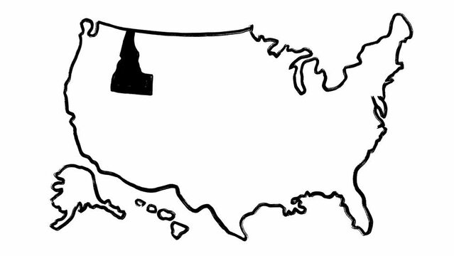 Hand drawn black map of the USA and Idaho state filmed against white background. Full stack of stop motion animations in grunge style illustrating borders of America country and one of its regions