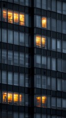 Photo of an office building window at night, lights on in the windows
