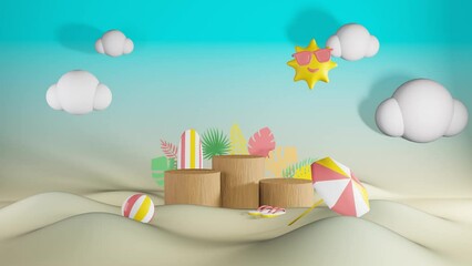 3D animation summer sales social media post template with podium, suitable for travel agency or product campaign