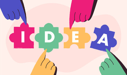 Colorful hands complete a puzzle spelling idea illustrating teamwork and collaborative success on a soft toned background