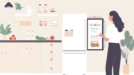 Woman checking meal plan near opened refrigerator vector