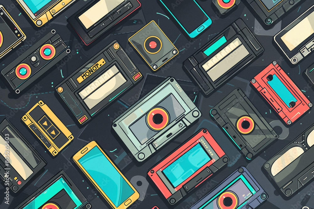 Poster retro cassette tapes and smartphone apps in a seamless digital vector pattern, bridging generations 