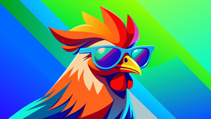Obraz premium Creative animal concept. Chicken hen in sunglass shade glasses isolated on solid pastel background, commercial, editorial advertisement, surreal surrealism.
