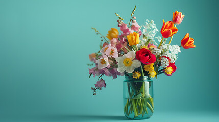 Bouquet of colorful flowers in vase pastel background with copy space
