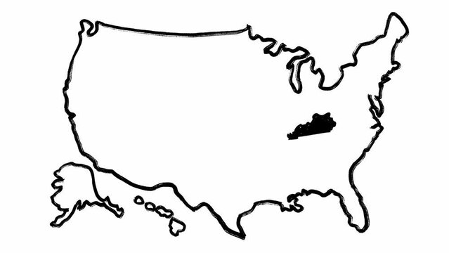 Hand drawn outline map of America government and Kentucky district in full stack of scribble animations. Stop motion of the USA borders and one of its states made in black color on white background