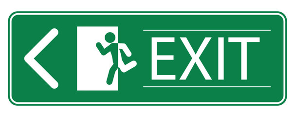 Isolated label sign emergency exit with running man pictogram in green rectangle format
