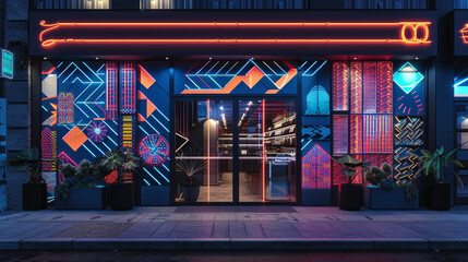 Chic storefront with geometric patterns and neon lighting accents