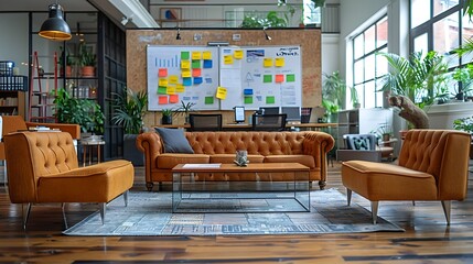 Dive into an engaging team meeting in a chic brainstorming area, where members map out their marketing strategies using colorful sticky notes on glass walls.