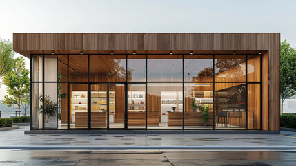 Clean and simple storefront with wood paneling and large glass windows