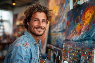 Smiling young male artist in denim is working on an abstract canvas filled with colorful strokes