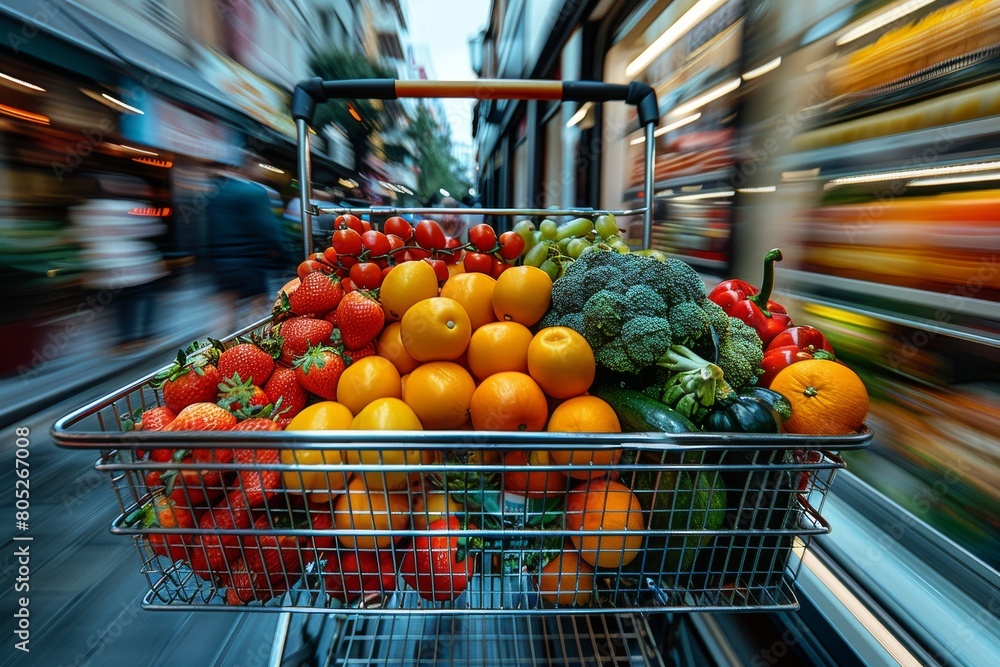 Poster High-speed motion blur sets a dynamic scene for a shopping cart brimming with colorful fresh produce