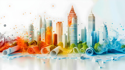 3D Flat Icon Banner: Blueprint to Business Cityscape Transformation for Financial Growth and Innovation