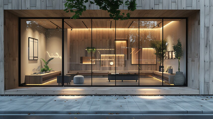 Minimalist storefront with wood paneling and subtle lighting accents