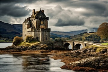 Aged Scot scottish castle. Fortress travel. Generate Ai - obrazy, fototapety, plakaty