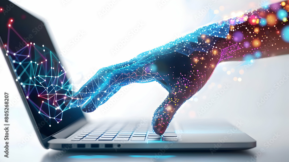 Poster 3d flat icon cyber connection hand touching laptop with cybernetic abstract patterns tech concept in