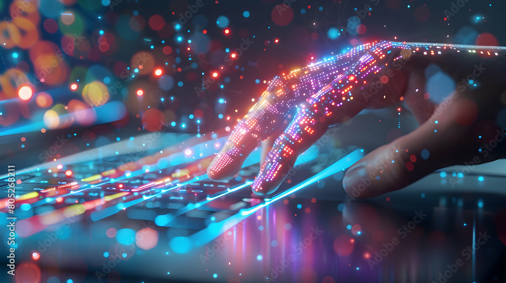 Poster 3d flat icon: cyber connection - hand touching laptop with cybernetic abstract patterns tech concept
