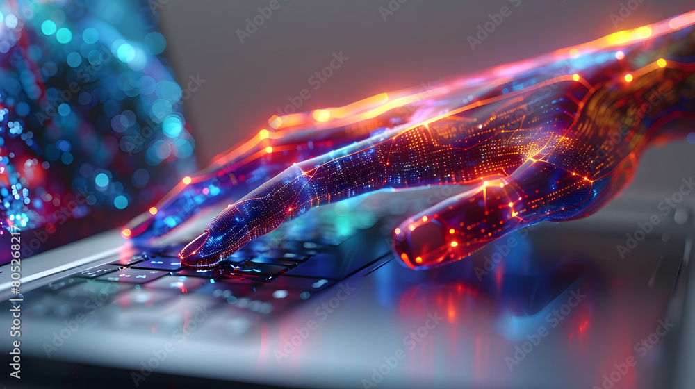 Poster abstract cyber connection: hand touching laptop with 3d flat icon tech concept and cybernetic patter