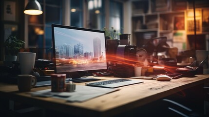Naklejka premium desk blurred home interior photography