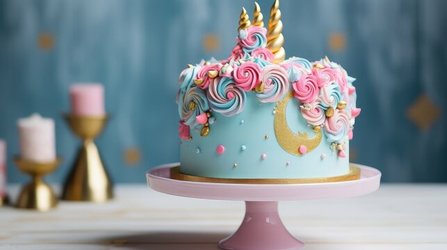 unicorn pink and blue birthday cake