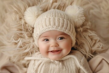 A cheerful baby wearing a cozy winter hat with pom-poms, smiling joyfully, wrapped in a soft, fluffy blanket.