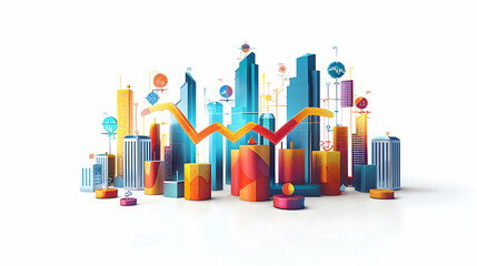 Economic Elevation: Financial Growth and Innovation 3D Flat Icon with Ascending Lines and Abstract Icons on Isolated White Background