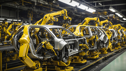 An automobile assembly line with yellow robotic arms welding car frames together.