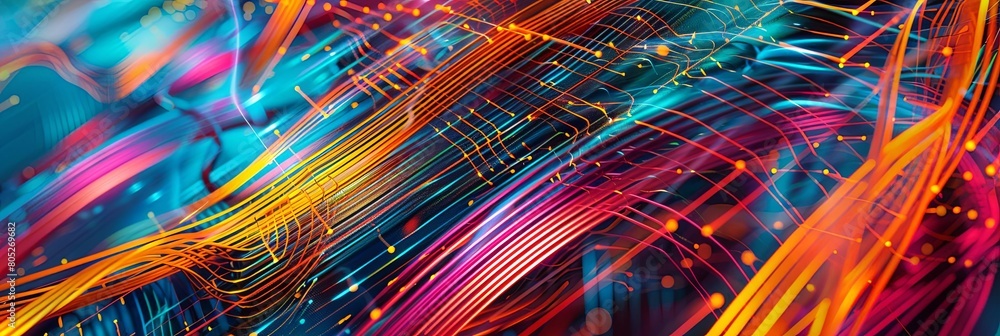 Poster abstract pattern of colorful ethernet cables against a futuristic grid