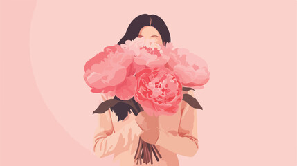 Woman holding bouquet of pink peonies on pink background