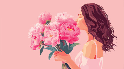 Woman holding bouquet of pink peonies on pink background