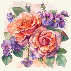 Romantic roses and violets in watercolor, lush for Valentine's Day cards